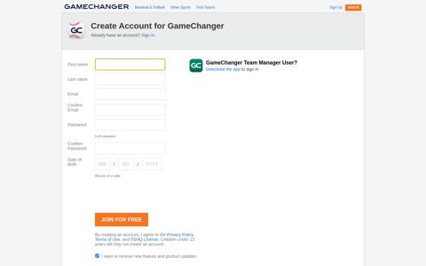 Create an Account | GameChanger