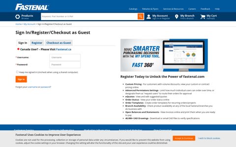 SignIn/Register/Checkout as Guest | Fastenal