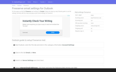 Freeserve email settings for Outlook - E-mailsettings.com