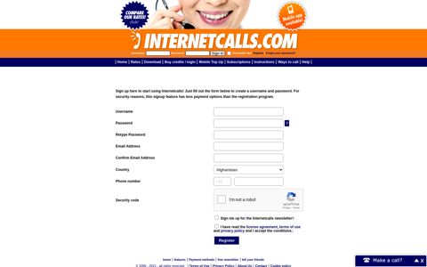 Register a new internetcalls account here