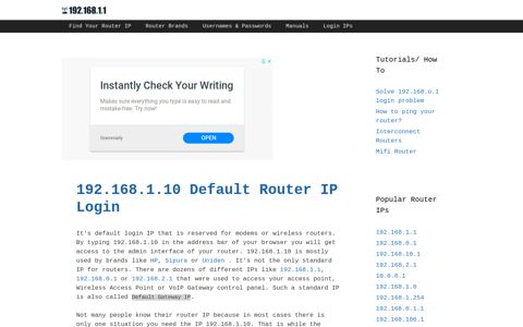 192.168.1.10 Default Router IP Login