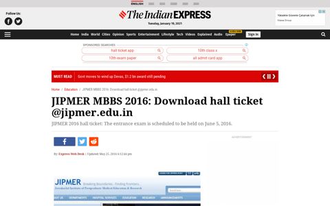 JIPMER MBBS 2016: Download hall ticket @jipmer.edu.in ...