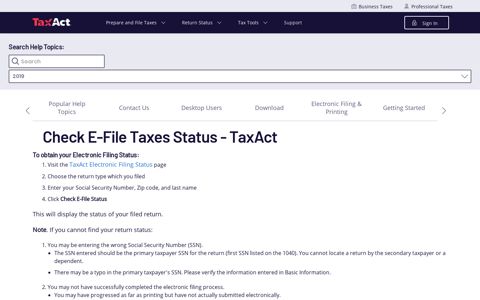 Check E-File Taxes Status - TaxAct