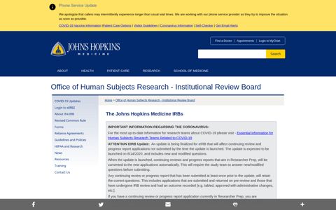 Johns Hopkins Institutional Review Boards: Baltimore, MD