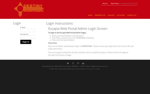 Escapia Web Portal Admin Login Screen