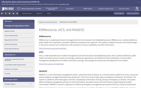 ISDH: EMResource, eICS, and WebEOC - IN.gov