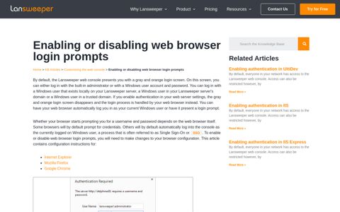Enabling or disabling web browser login prompts | Lansweeper