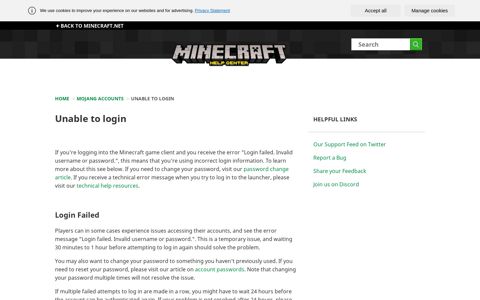 Unable to login – Home - Minecraft help center.