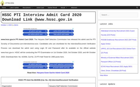 HSSC PTI Interview Admit Card 2020 Download Link @www ...