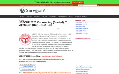 JEECUP 2020 Counselling (Started), 7th Allotment (Out) - Get ...
