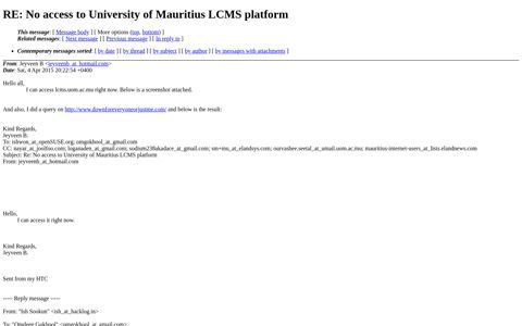 RE: No access to University of Mauritius LCMS platform from ...