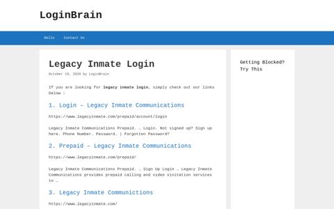 Legacy Inmate - Login - Legacy Inmate Communications