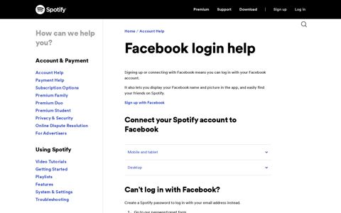 Facebook login help - Spotify