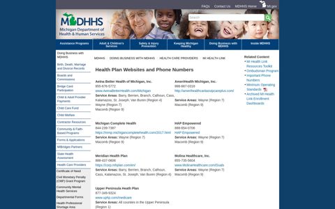 MDHHS - Health Plan Websites and Phone Numbers