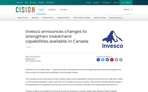 Invesco announces changes to strengthen ... - CNW Group