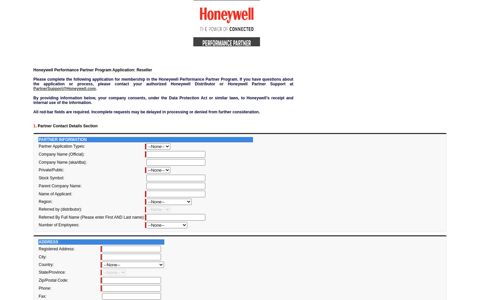 Honeywell Performance Partner Program Application: Reseller