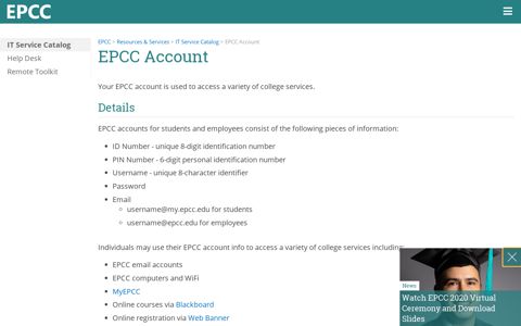 IT Service Catalog - EPCC Account - EPCC
