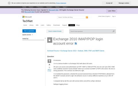 Exchange 2010 IMAP/POP login account error