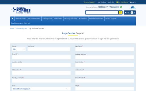 Log a Service Request - Eureka Forbes