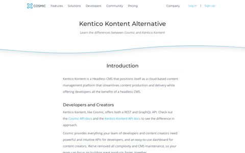 Cosmic | Kentico Kontent Alternative Comparison - Cosmic JS