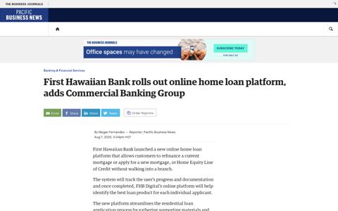 First Hawaiian Bank rolls out online home loan platform, adds ...