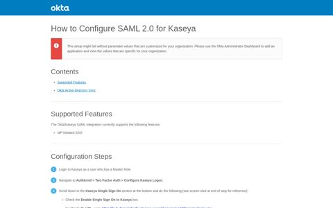 How to Configure SAML 2.0 for Kaseya - Setup SSO - Okta