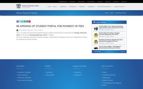 RE-OPENING OF STUDENT PORTAL FOR PAYMENT OF FEES