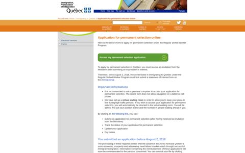 Immigration Québec - Application for permanent selection online