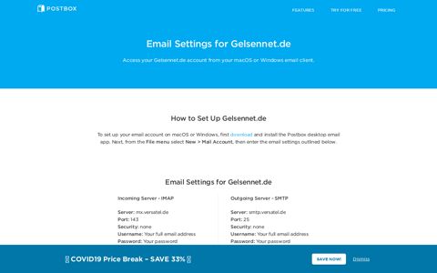 Email Settings for Gelsennet.de - Postbox