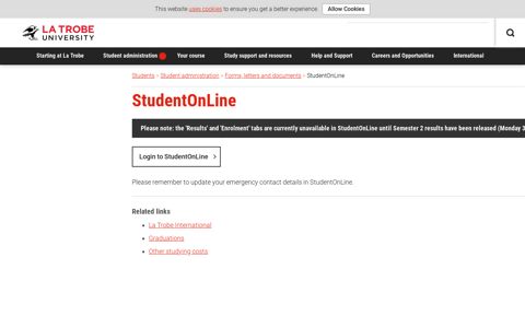 StudentOnLine, Student administration, La Trobe University