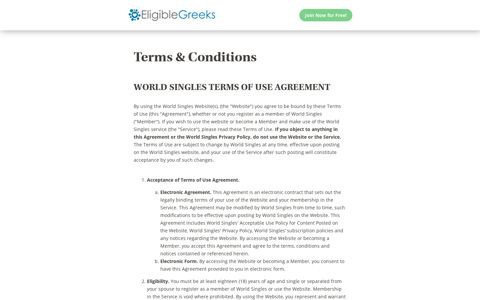 world singles terms of use agreement - EligibleGreeks.com