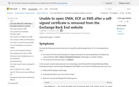 OWA, ECP, or EMS can't connect after removing a self-signed ...