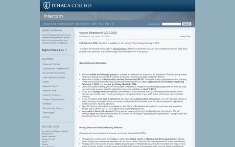 Intercom - Housing Selection for 2019-2020 - Ithaca College