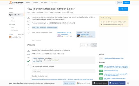 How to show current user name in a cell? - Stack Overflow