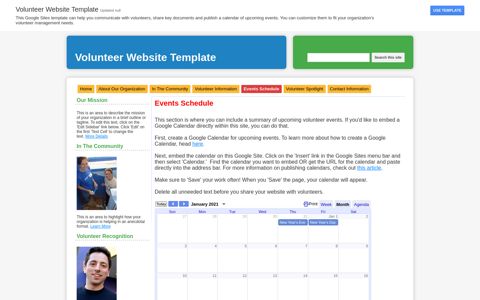 Events Schedule - Volunteer Website Template - Google Sites