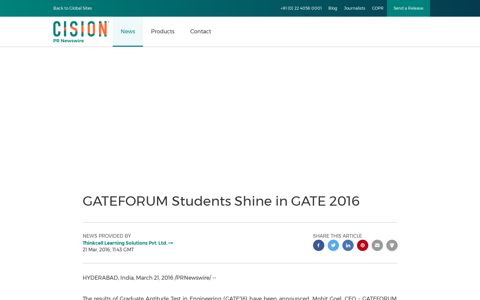 GATEFORUM Students Shine in GATE 2016 - PR Newswire