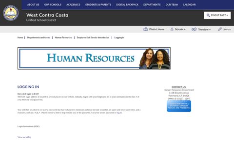 Human Resources / Logging In - West Contra Costa Unified ...
