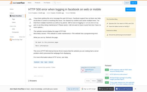 HTTP 500 error when logging in facebook on web or mobile ...