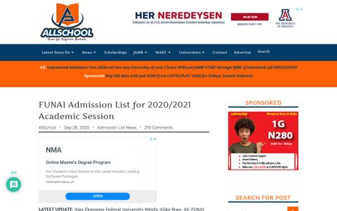 FUNAI Admission List for 2020/2021 Academic Session