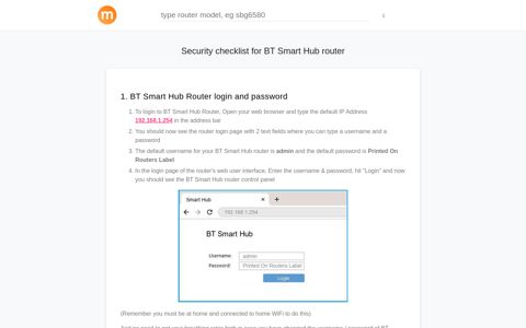 192.168.1.254 - BT Smart Hub Router login and password