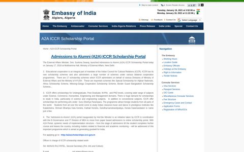 A2A ICCR Scholarship Portal - Embassy of India, Algiers, Algeria