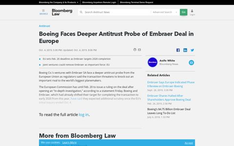 Boeing Faces Deeper Antitrust Probe of Embraer Deal in Europe
