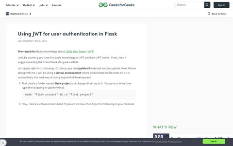 Using JWT for user authentication in Flask - GeeksforGeeks