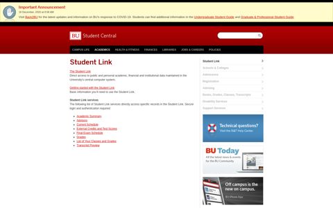 Student Link » Student Central | Boston University