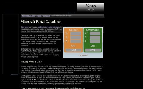 Minecraft Portal Calculator - MavenSpun