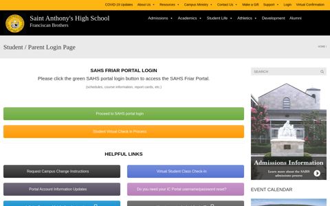 Student / Parent Login Page - St. Anthony's High School