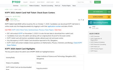 KVPY Admit Card 2020/Hall Ticket Out-Direct link, Exam Centers