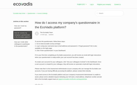 How do I access my company's questionnaire in the EcoVadis ...