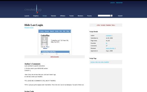 Hide Last Login - Myspace Scripts - CreateBlog
