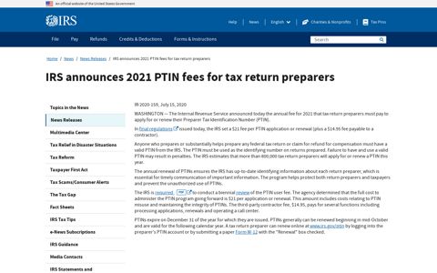 IRS announces 2021 PTIN fees for tax return preparers ...